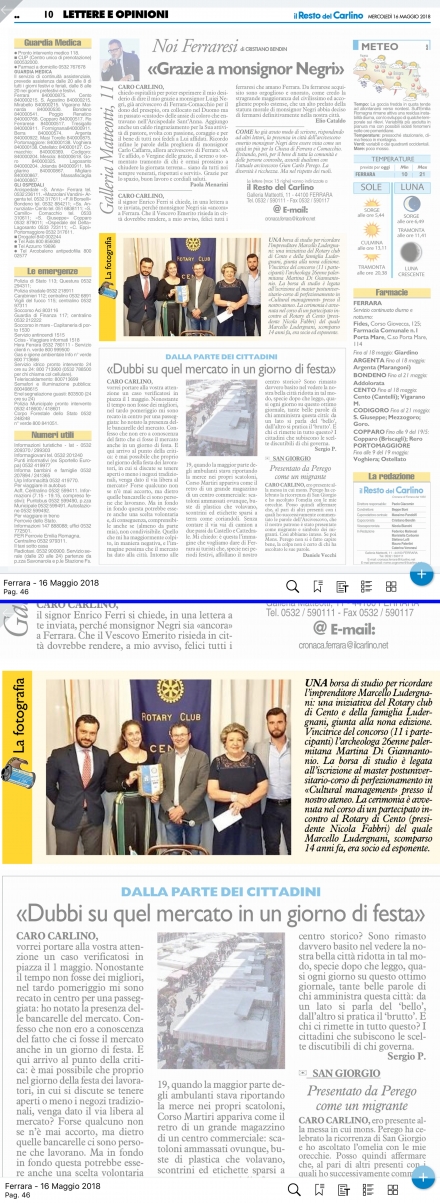 16 Maggio 2018 (Il Resto del Carlino - Premio Ludergnani) - ROTARY CLUB di CENTO