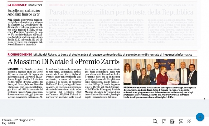 2 Giugno 2019: Il Resto del Carlino, Il Premio Zarri e ... Pastificio Andalini - ROTARY CLUB di CENTO
